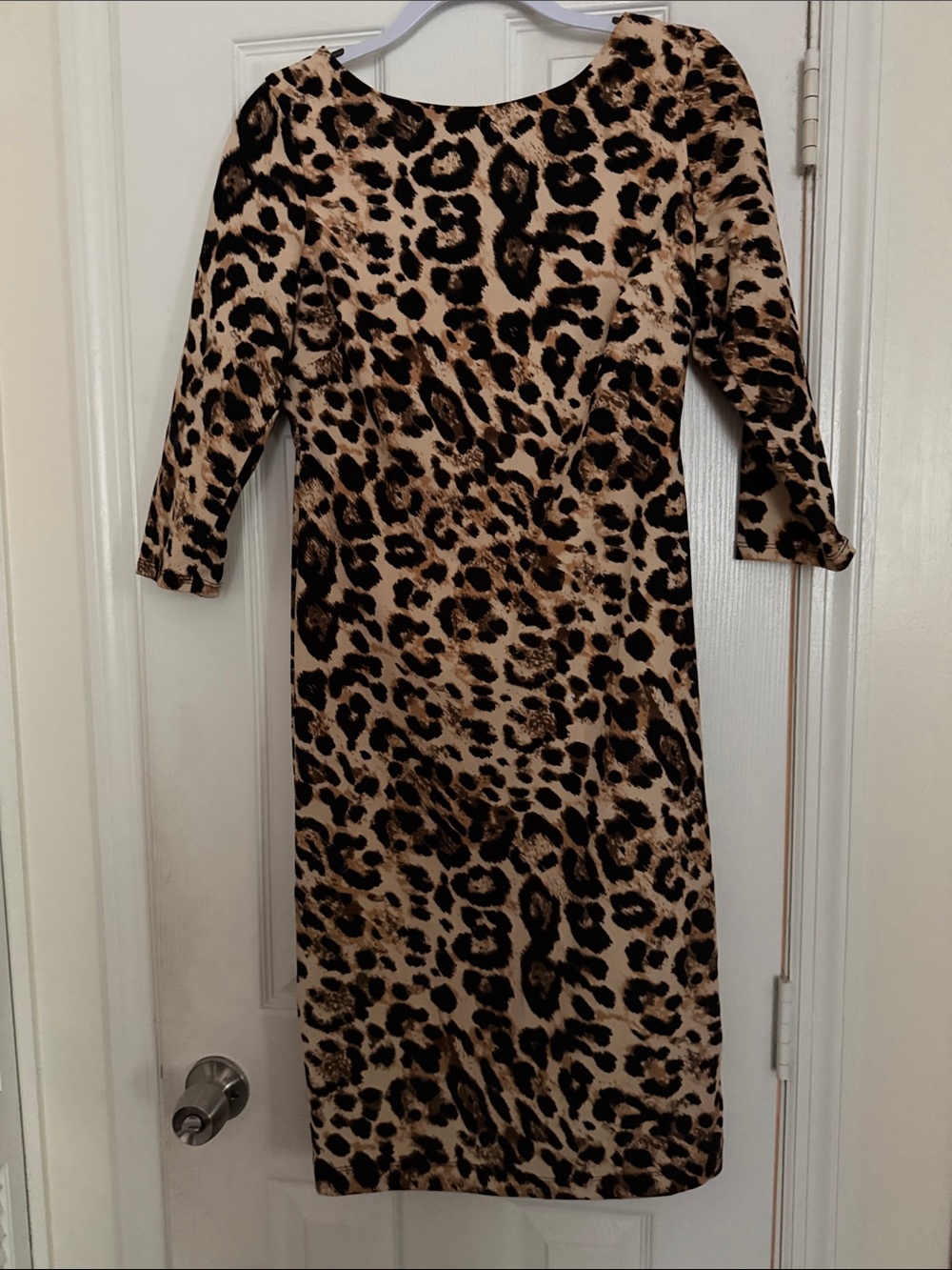 Leopard Print Midi Sheath Dress in Tan and Black